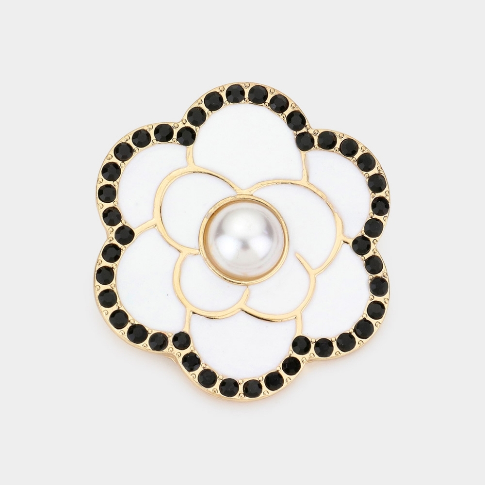 White Black Pearl Camellia Flower Brooch Pin Womens Cute Statement Accessory